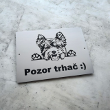 Tabuľka Pozor pes Yorkšírsky teriér — 2. trieda, výstražná tabuľka na plot 20×15 cm