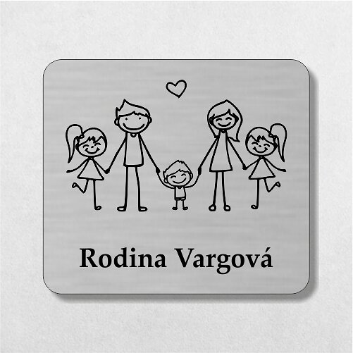 strieborná menovka na dvere rodičia, dve dcéry a synček