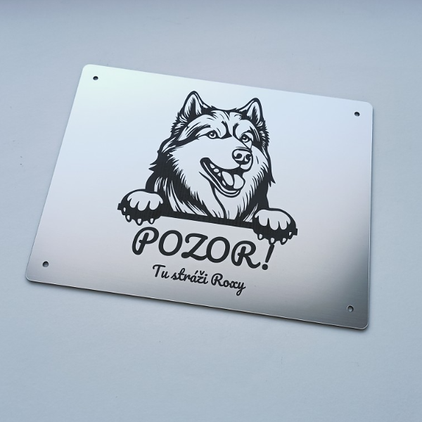 Strieborná tabuľka s vykúkajúcim aljašským malamutom a nápisom Pozor! Tu stráži s menom psa