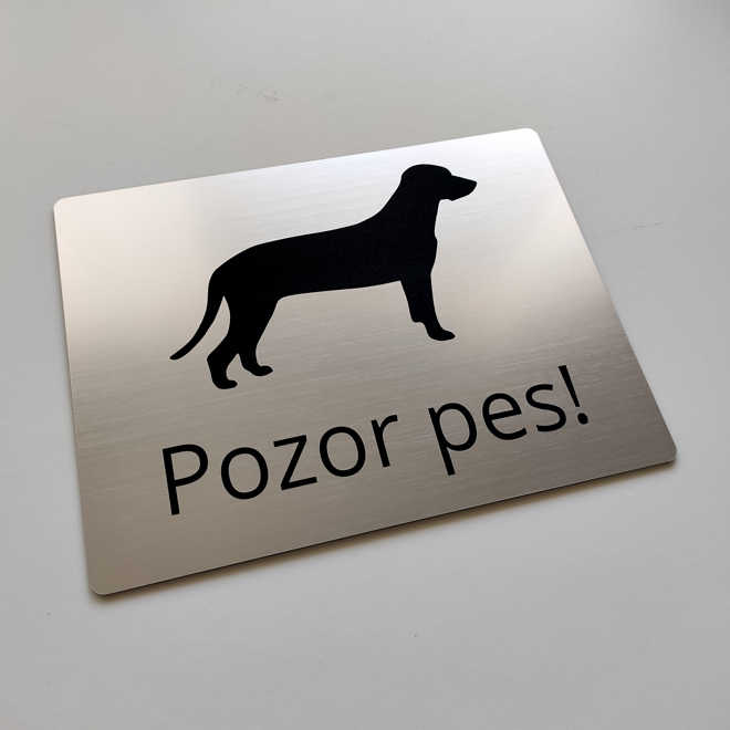 Strieborná tabuľka Pozor pes – silueta farbiara