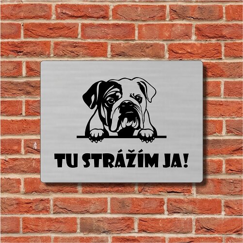 Strieborná tabuľka s anglickým buldogom a nápisom Tu strážim ja na tehlovej stene