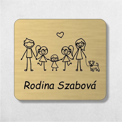 zlatá menovka na dvere rodičia, tri dcéry a psík