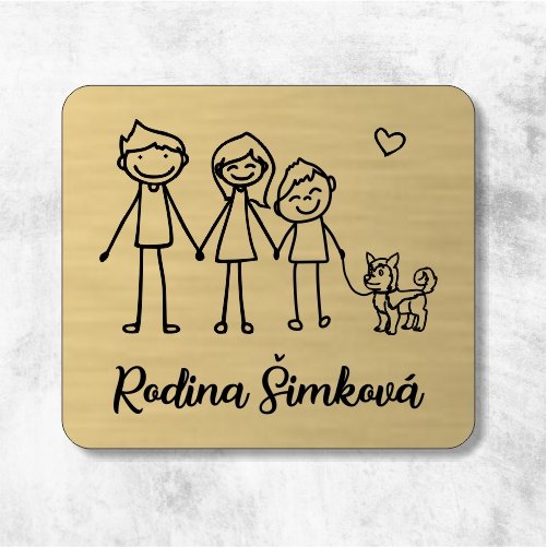 Menovka na dvere rodičia a syn so psíkom