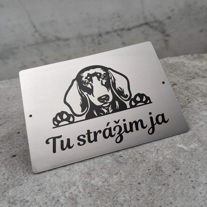 Strieborná tabuľka s vykúkajúcim jazvečíkom a nápisom Tu strážim ja na betóne