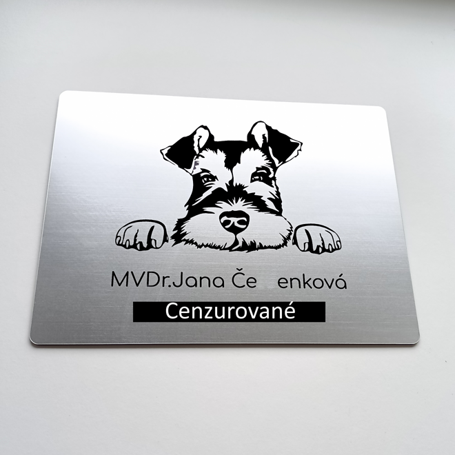 Strieborná tabuľka s vykúkajúcim bradáčom a menom majiteľa
