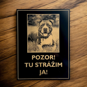Tabuľka Pozor pes s vlastnou fotografiou — personalizovaná tabuľka na plot 20×15 cm